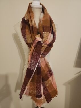 Classic Plaid Fringe Scarf in Mustard, Burgundy & Blush